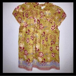 Joie Mustard Yellow Floral Print Ruffle Peasant Boho Cap Sleeve Blouse Top Sz M